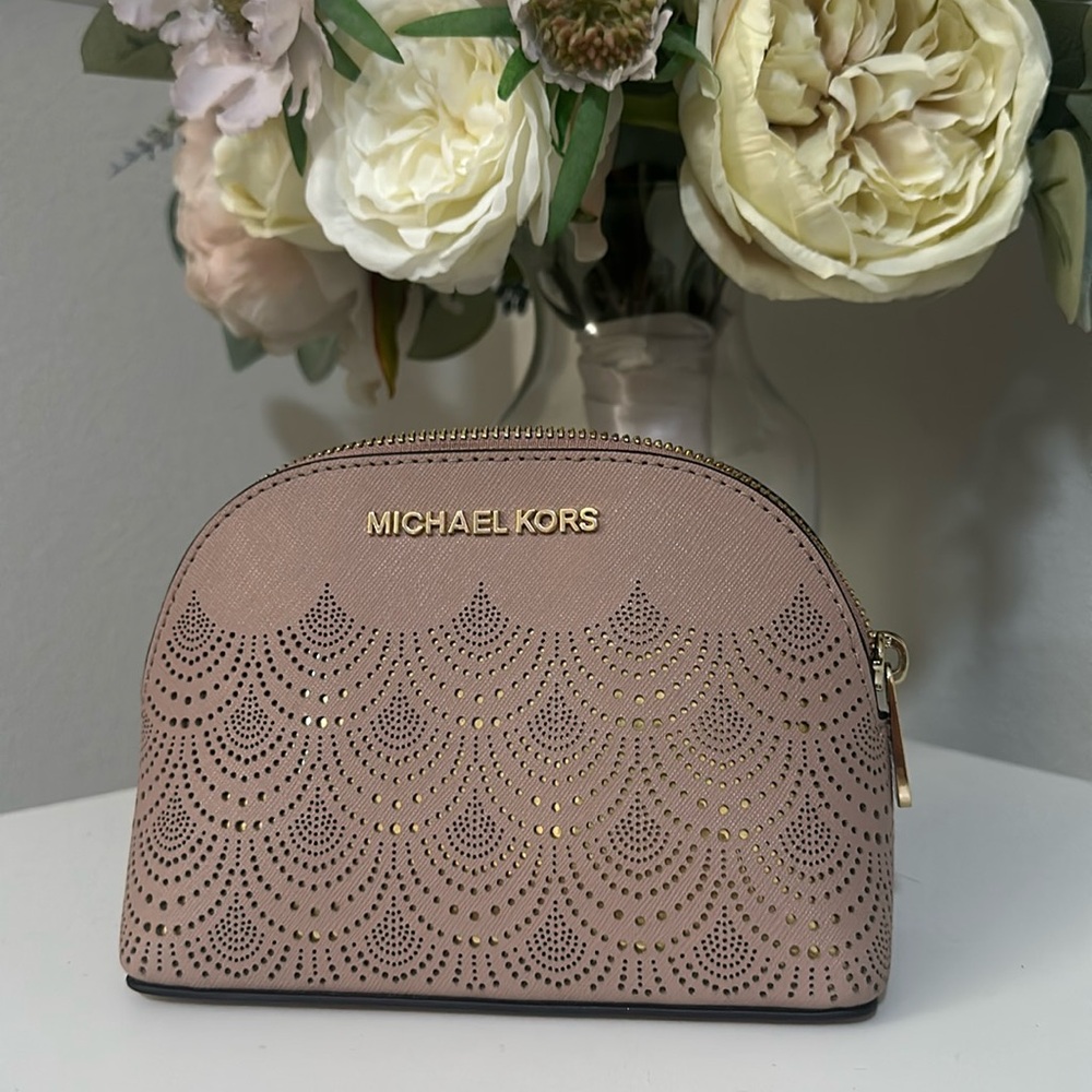 Michael Kors Jet Set Cosmetics Bag- Perforated leather fawn and gold